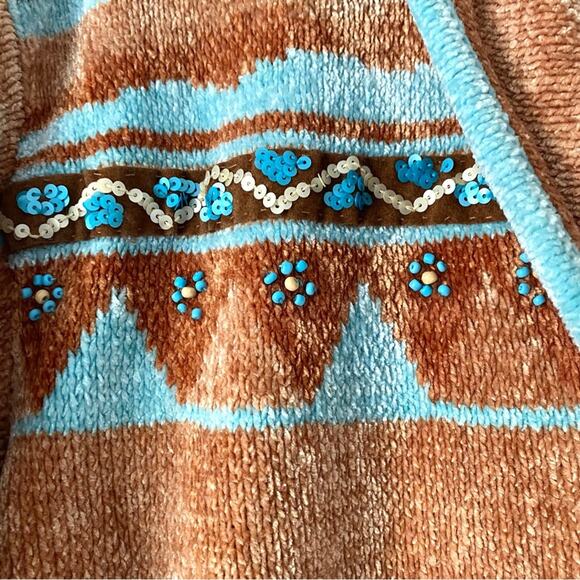 Sweater Sweater Chenille Cardigan Sweater Western Boho Navajo Tan Turquoise - Picture 8 of 9